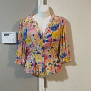 Zara Pink and Blue Flutter Sleeve Blouse with Peter Pan Collar